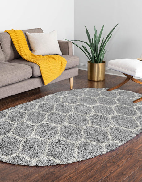 Gray 4' x 6' Trellis Shag Oval Area Rug Thick Soft Touch Fluffy & Plush Shaggy Pile Geometric Modern Unique Carpet for Home Interior Design for Sale at Rug Engine