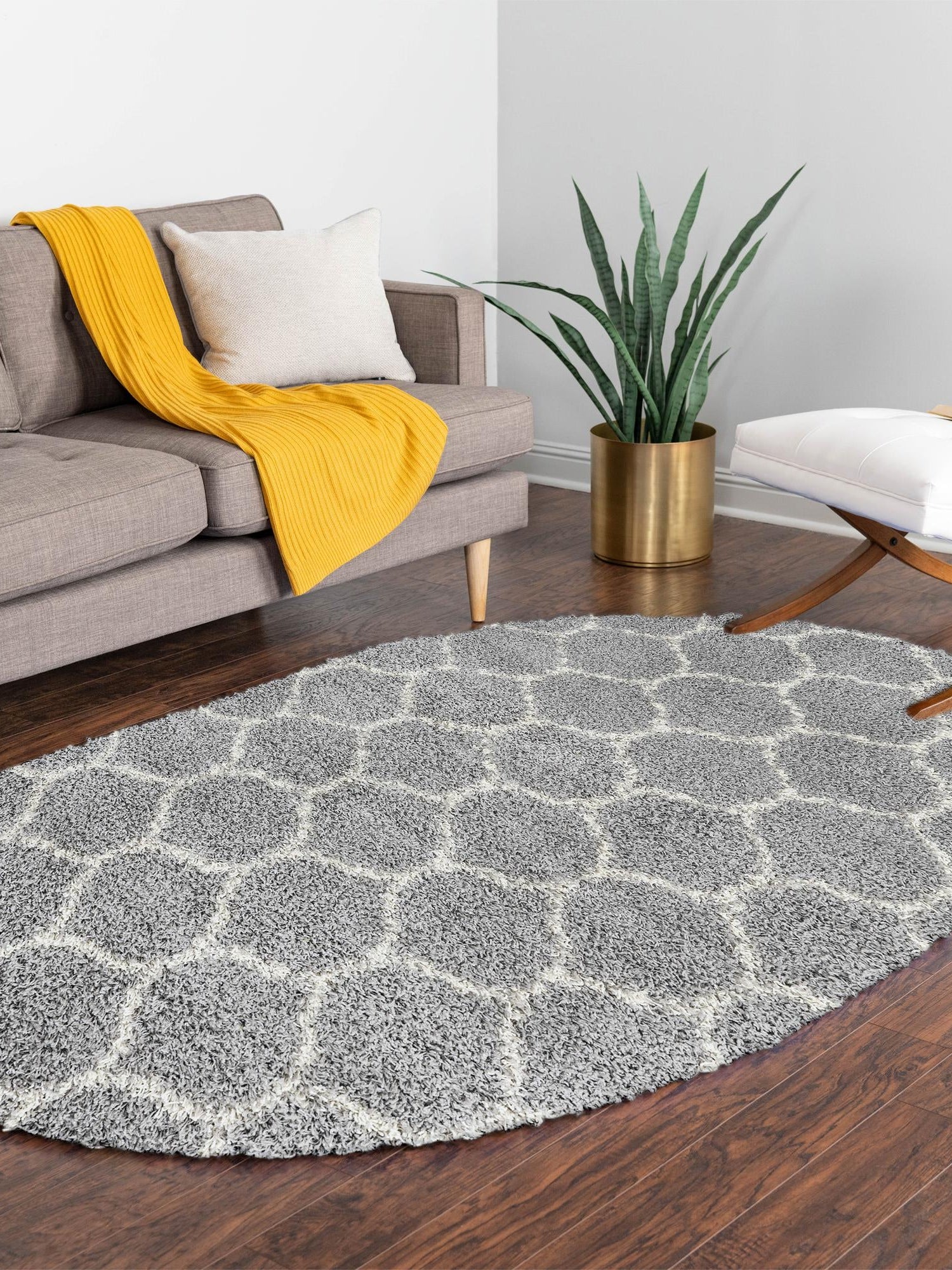Gray 7' 10 x 10' Trellis Shag Oval Area Rug Thick Soft Touch Fluffy & Plush Shaggy Pile Geometric Modern Unique Carpet for Home Interior Design for Sale at Rug Engine