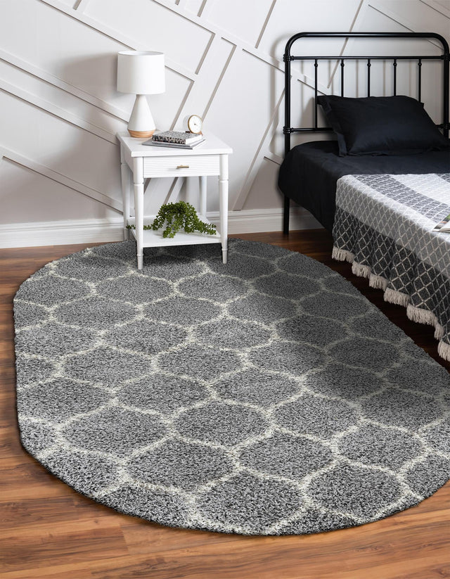 Gray 4' x 6' Trellis Shag Oval Area Rug Thick Soft Touch Fluffy & Plush Shaggy Pile