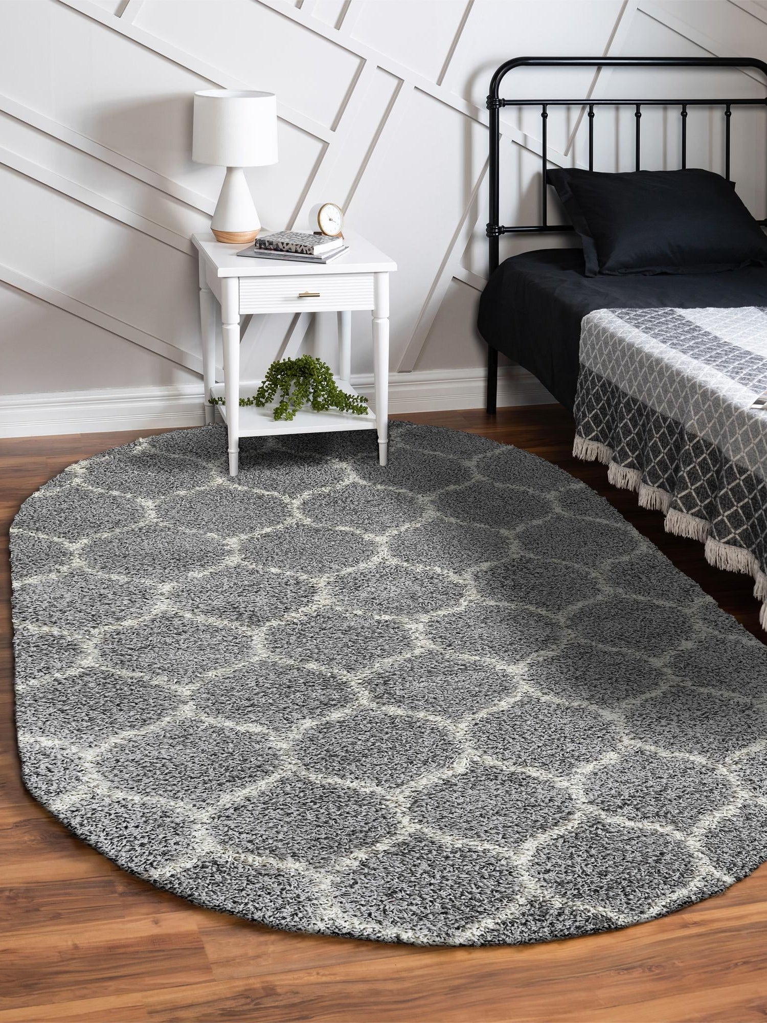 Gray 7' 10 x 10' Trellis Shag Oval Area Rug Thick Soft Touch Fluffy & Plush Shaggy Pile Geometric Modern Unique Carpet for Home Interior Design for Sale at Rug Engine