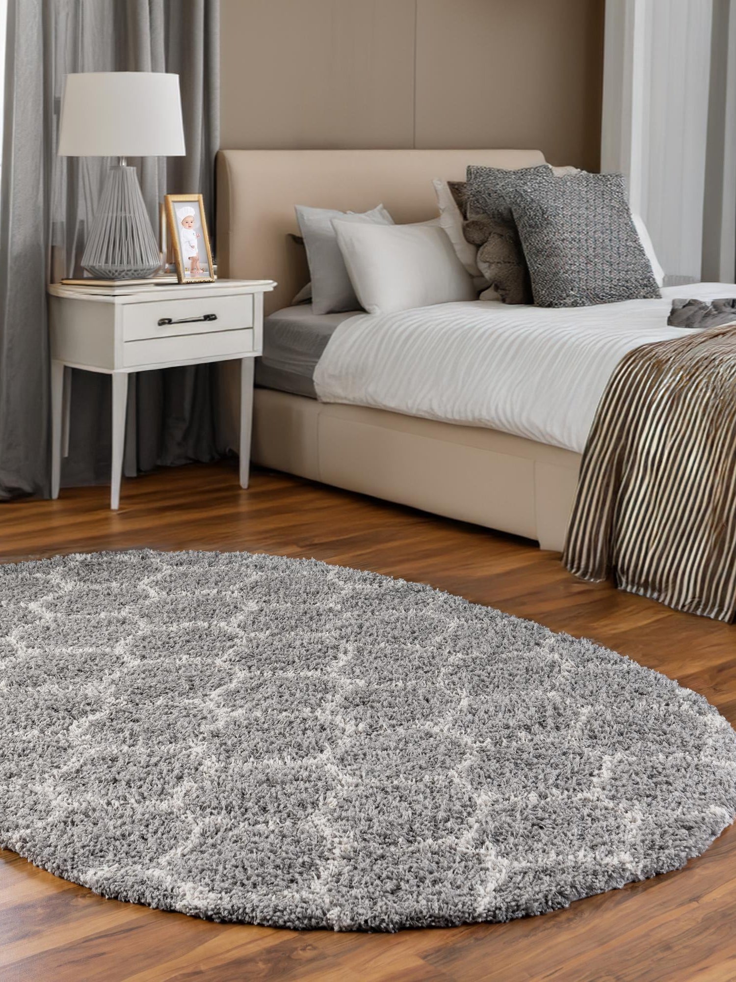 Gray 7' 10 x 10' Trellis Shag Oval Area Rug Thick Soft Touch Fluffy & Plush Shaggy Pile Geometric Modern Unique Carpet for Home Interior Design for Sale at Rug Engine