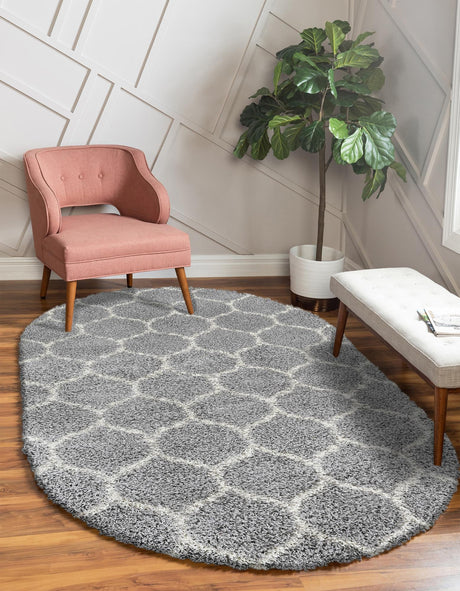 Gray 4' x 6' Trellis Shag Oval Area Rug Thick Soft Touch Fluffy & Plush Shaggy Pile Geometric Modern Unique Carpet for Home Interior Design for Sale at Rug Engine
