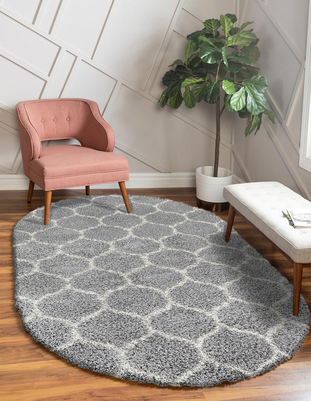 Gray 4' x 6' Trellis Shag Oval Area Rug Thick Soft Touch Fluffy & Plush Shaggy Pile