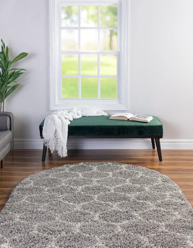 Gray 4' x 6' Trellis Shag Oval Area Rug Thick Soft Touch Fluffy & Plush Shaggy Pile