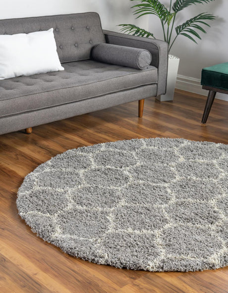 Gray 3' 3 x 3' 3 Trellis Shag Round Area Rug Thick Soft Touch Fluffy & Plush Shaggy Pile