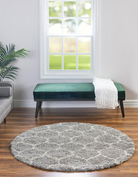 Gray 3' 3 x 3' 3 Trellis Shag Round Area Rug Thick Soft Touch Fluffy & Plush Shaggy Pile