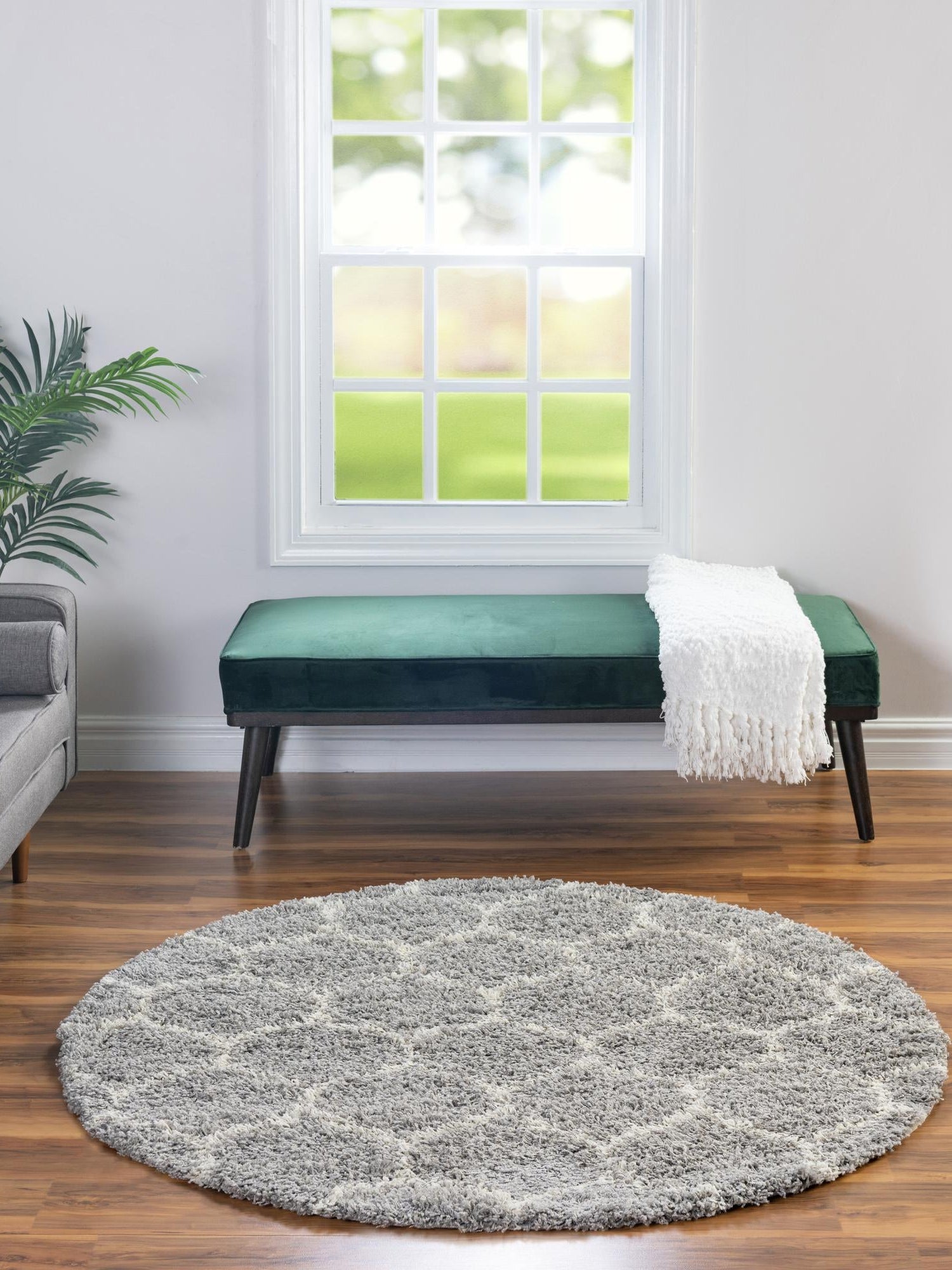 Gray 5' 3 x 5' 3 Trellis Shag Round Area Rug Thick Soft Touch Fluffy & Plush Shaggy Pile Geometric Modern Unique Carpet for Home Interior Design for Sale at Rug Engine