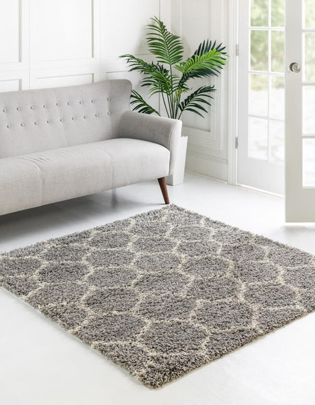 Gray 4' x 4' Trellis Shag Square Area Rug Thick Soft Touch Fluffy & Plush Shaggy Pile
