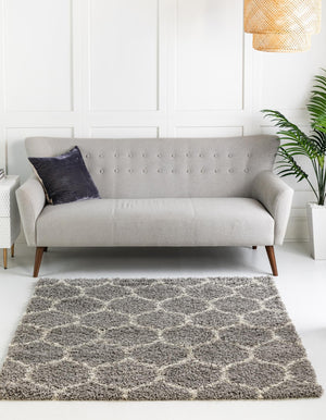 Gray 4' x 4' Trellis Shag Square Area Rug Thick Soft Touch Fluffy & Plush Shaggy Pile