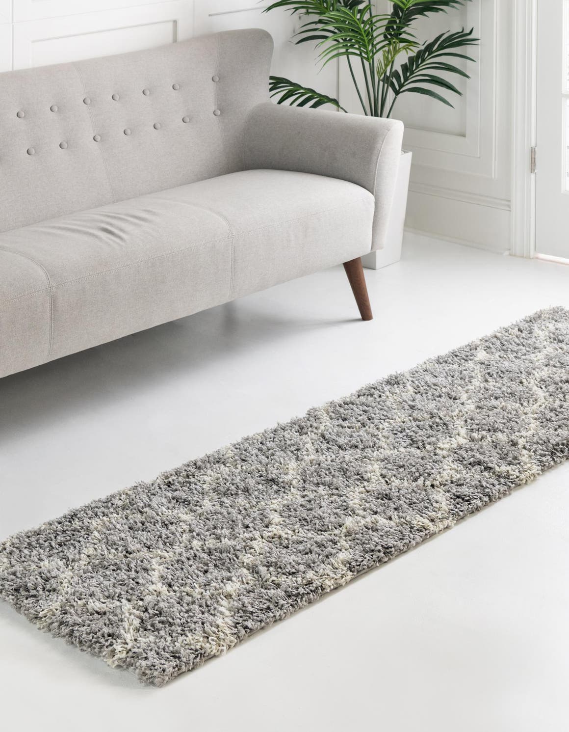 Gray 2' x 7' Trellis Shag Runner Area Rug Thick Soft Touch Fluffy & Plush Shaggy Pile Geometric Modern Unique Carpet for Home Interior Design for Sale at Rug Engine