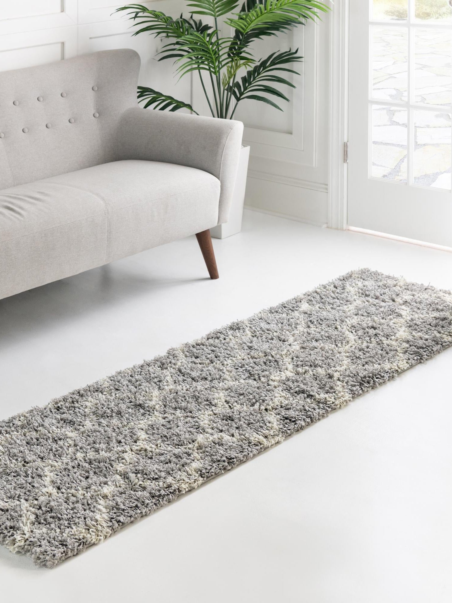 Gray 2' 7 x 10' Trellis Shag Runner Area Rug Thick Soft Touch Fluffy & Plush Shaggy Pile Geometric Modern Unique Carpet for Home Interior Design for Sale at Rug Engine