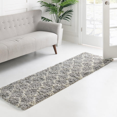 Gray 2' 7 x 10' Trellis Shag Runner Area Rug Thick Soft Touch Fluffy & Plush Shaggy Pile Geometric Modern Unique Carpet for Home Interior Design for Sale at Rug Engine
