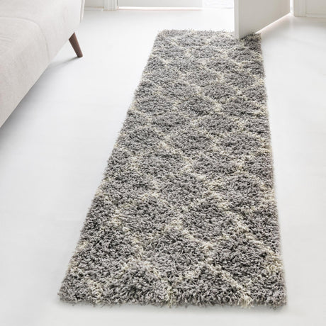 Gray 2' 7 x 12' Trellis Shag Runner Area Rug Thick Soft Touch Fluffy & Plush Shaggy Pile Geometric Modern Unique Carpet for Home Interior Design for Sale at Rug Engine