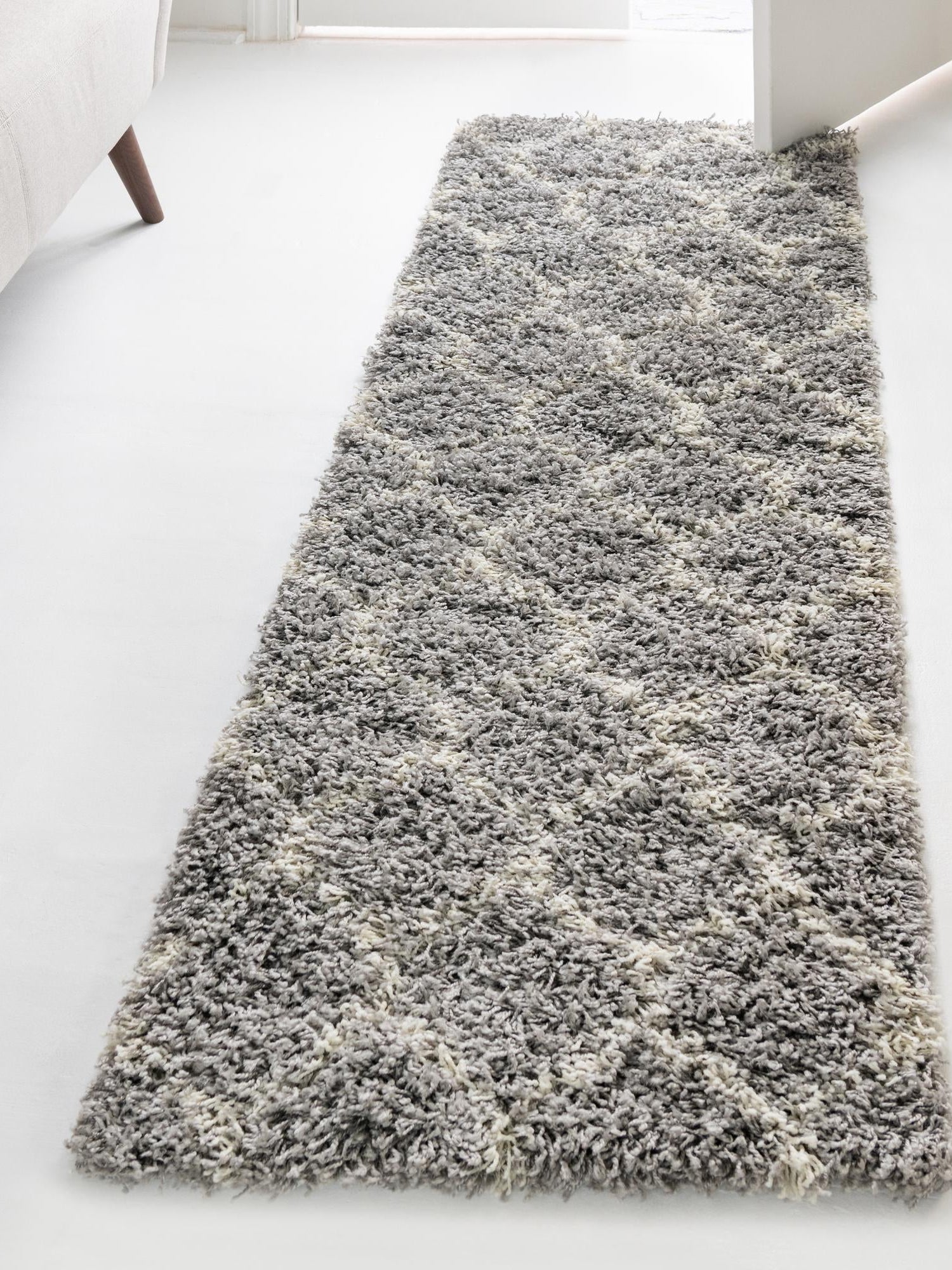Gray 2' 7 x 10' Trellis Shag Runner Area Rug Thick Soft Touch Fluffy & Plush Shaggy Pile Geometric Modern Unique Carpet for Home Interior Design for Sale at Rug Engine
