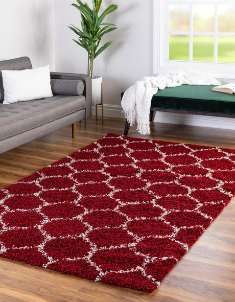 Burgundy Red 9' x 12' Trellis Shag Rectangle Area Rug Thick Soft Touch Fluffy & Plush Shaggy Pile