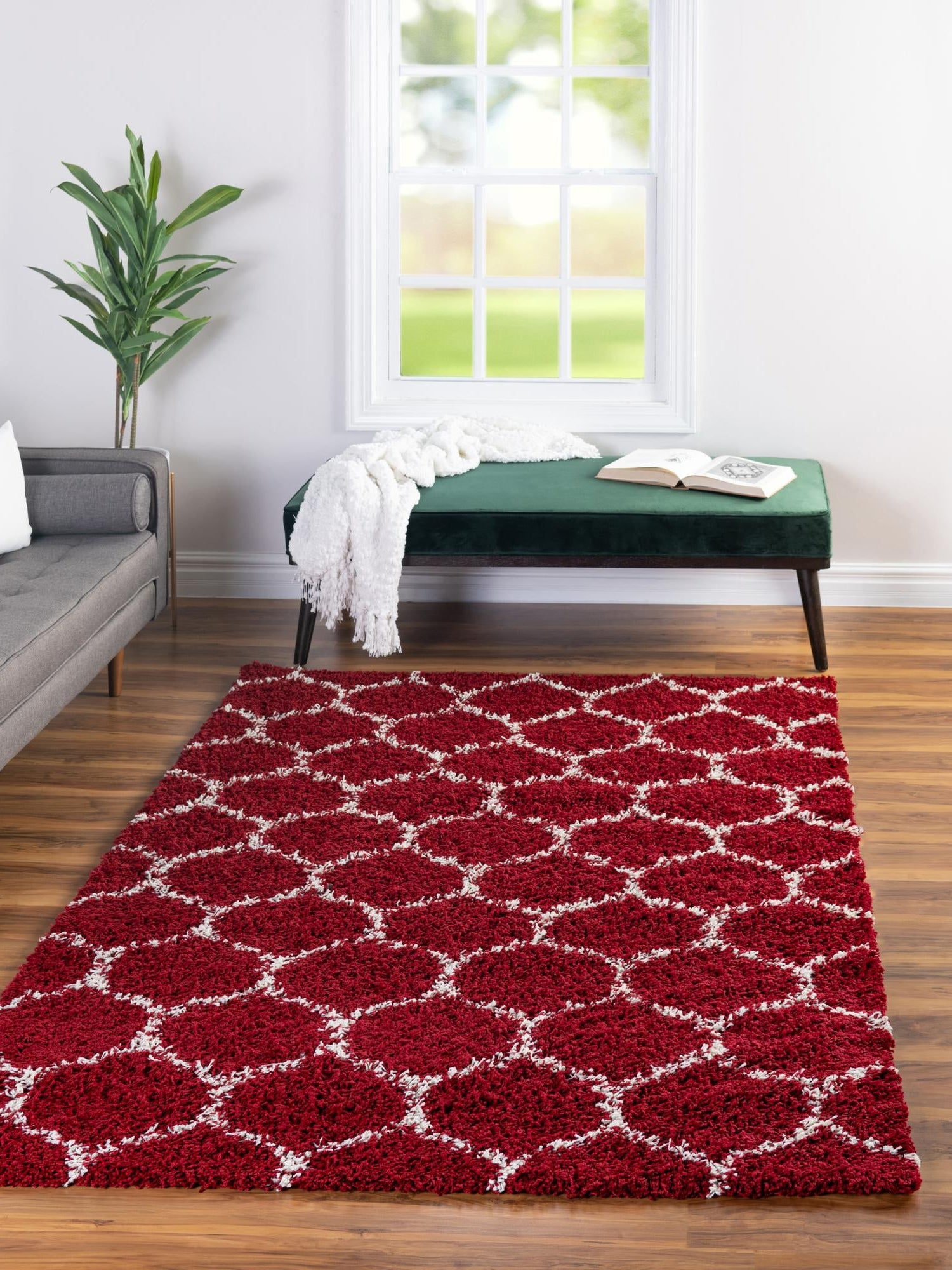 Burgundy Red 9' x 12' Trellis Shag Rectangle Area Rug Thick Soft Touch Fluffy & Plush Shaggy Pile Geometric Modern Unique Carpet for Home Interior Design for Sale at Rug Engine
