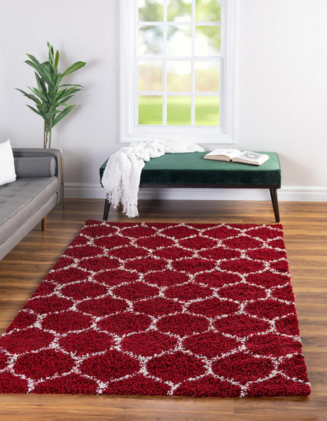 Burgundy Red 9' x 12' Trellis Shag Rectangle Area Rug Thick Soft Touch Fluffy & Plush Shaggy Pile