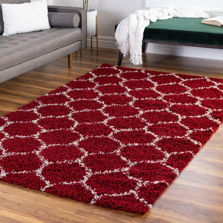 Burgundy Red 6' x 9' Trellis Shag Rectangle Area Rug Thick Soft Touch Fluffy & Plush Shaggy Pile Geometric Modern Unique Carpet for Home Interior Design for Sale at Rug Engine