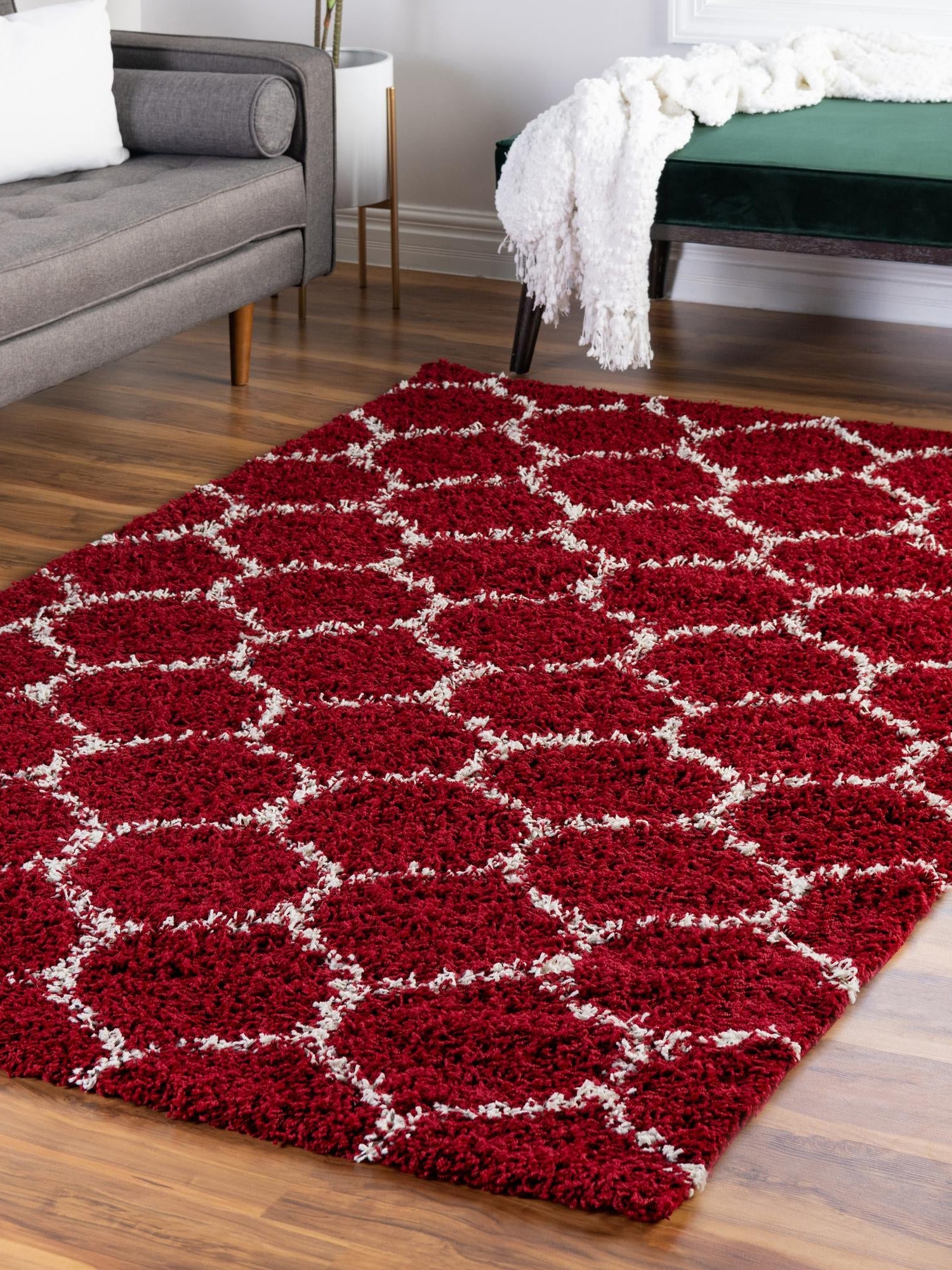 Burgundy Red 10' x 13' Trellis Shag Rectangle Area Rug Thick Soft Touch Fluffy & Plush Shaggy Pile Geometric Modern Unique Carpet for Home Interior Design for Sale at Rug Engine