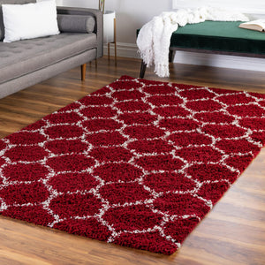 Burgundy Red 10' x 13' Trellis Shag Rectangle Area Rug Thick Soft Touch Fluffy & Plush Shaggy Pile