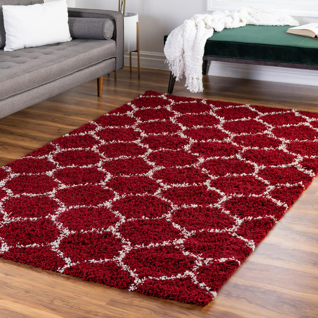 Burgundy Red 10' x 13' Trellis Shag Rectangle Area Rug Thick Soft Touch Fluffy & Plush Shaggy Pile