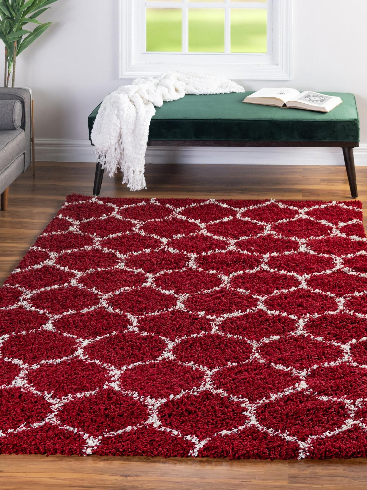 Burgundy Red 10' x 13' Trellis Shag Rectangle Area Rug Thick Soft Touch Fluffy & Plush Shaggy Pile Geometric Modern Unique Carpet for Home Interior Design for Sale at Rug Engine