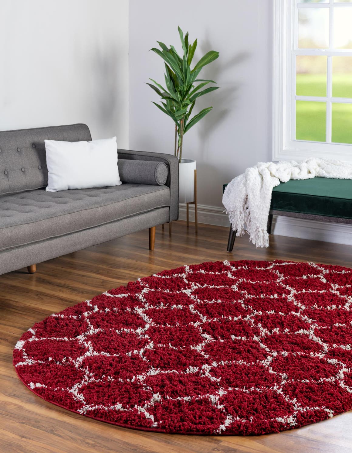 Burgundy Red 4' x 6' Trellis Shag Oval Area Rug Thick Soft Touch Fluffy & Plush Shaggy Pile Geometric Modern Unique Carpet for Home Interior Design for Sale at Rug Engine