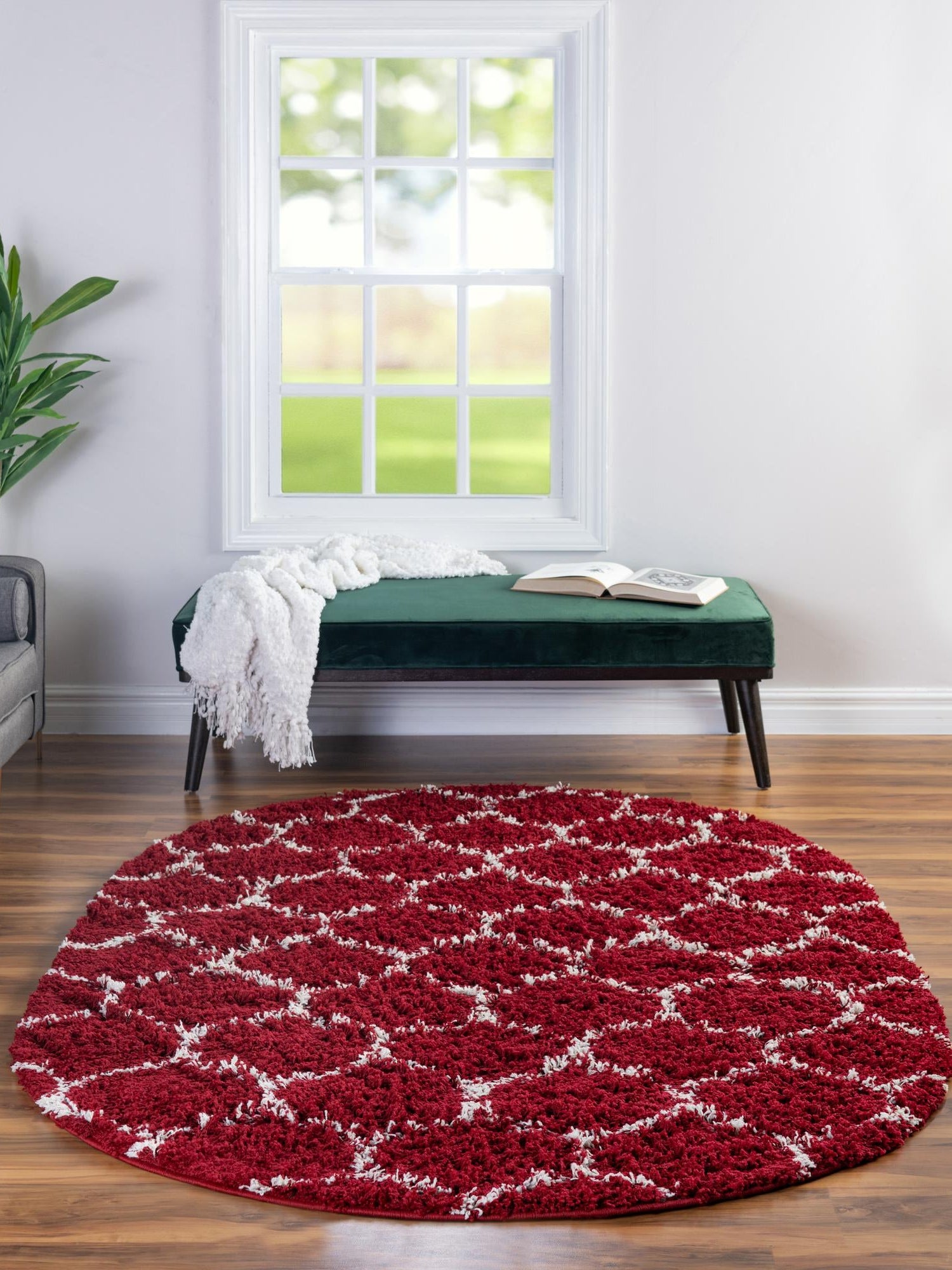Burgundy Red 7' 10 x 10' Trellis Shag Oval Area Rug Thick Soft Touch Fluffy & Plush Shaggy Pile Geometric Modern Unique Carpet for Home Interior Design for Sale at Rug Engine