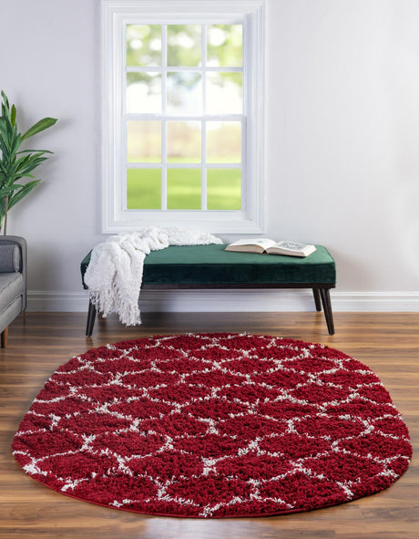 Burgundy Red 7' 10 x 10' Trellis Shag Oval Area Rug Thick Soft Touch Fluffy & Plush Shaggy Pile