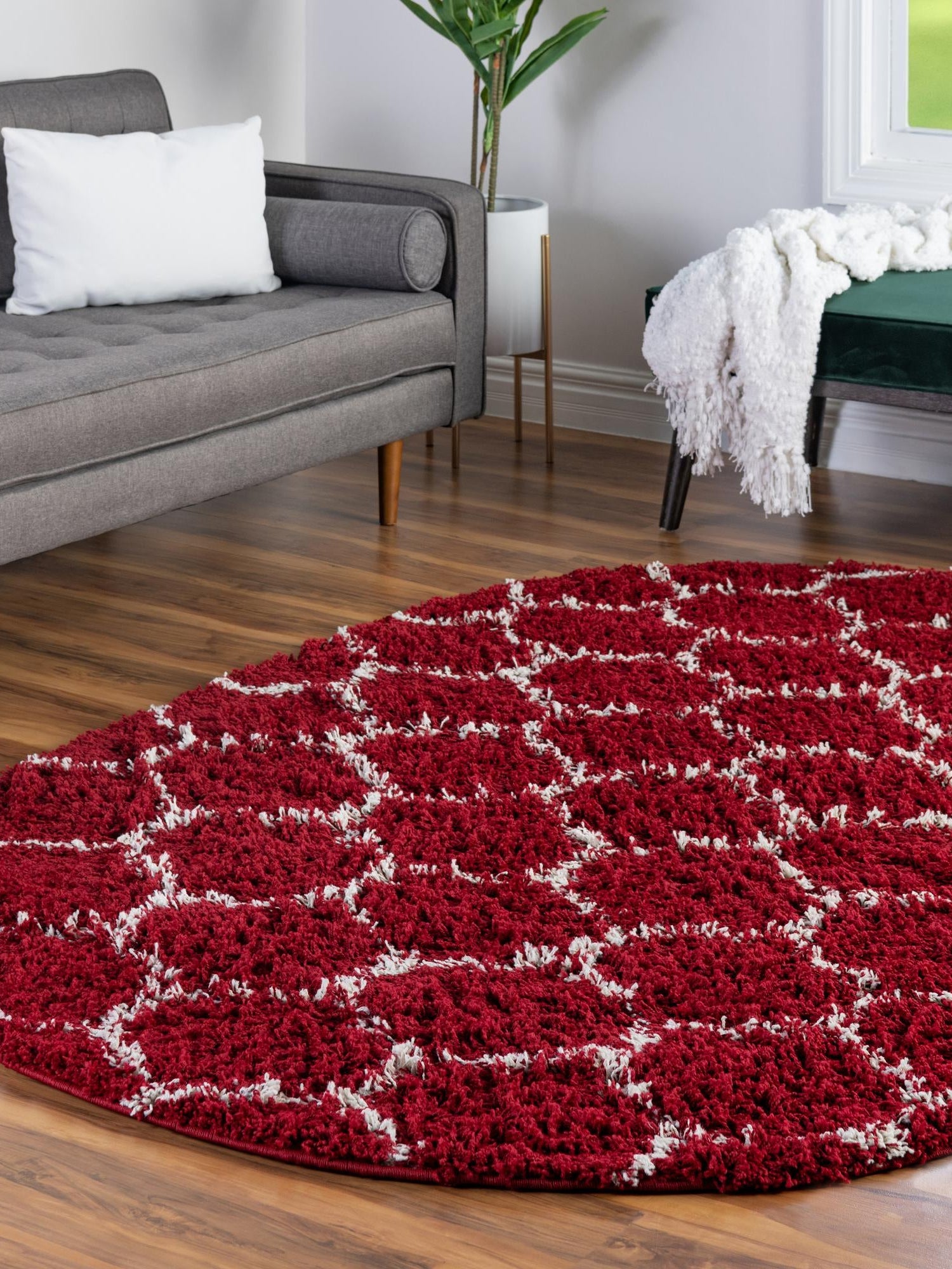 Burgundy Red 7' 10 x 10' Trellis Shag Oval Area Rug Thick Soft Touch Fluffy & Plush Shaggy Pile Geometric Modern Unique Carpet for Home Interior Design for Sale at Rug Engine