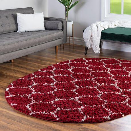 Burgundy Red 7' 10 x 10' Trellis Shag Oval Area Rug Thick Soft Touch Fluffy & Plush Shaggy Pile Geometric Modern Unique Carpet for Home Interior Design for Sale at Rug Engine