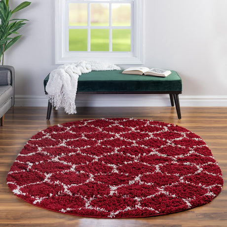 Burgundy Red 5' 3 x 8' Trellis Shag Oval Area Rug Thick Soft Touch Fluffy & Plush Shaggy Pile Geometric Modern Unique Carpet for Home Interior Design for Sale at Rug Engine