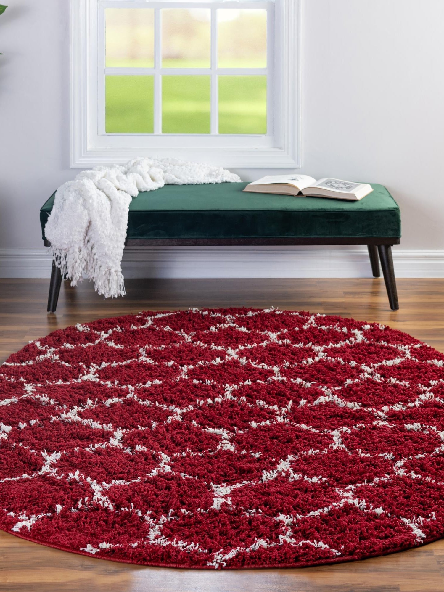 Burgundy Red 7' 10 x 10' Trellis Shag Oval Area Rug Thick Soft Touch Fluffy & Plush Shaggy Pile Geometric Modern Unique Carpet for Home Interior Design for Sale at Rug Engine