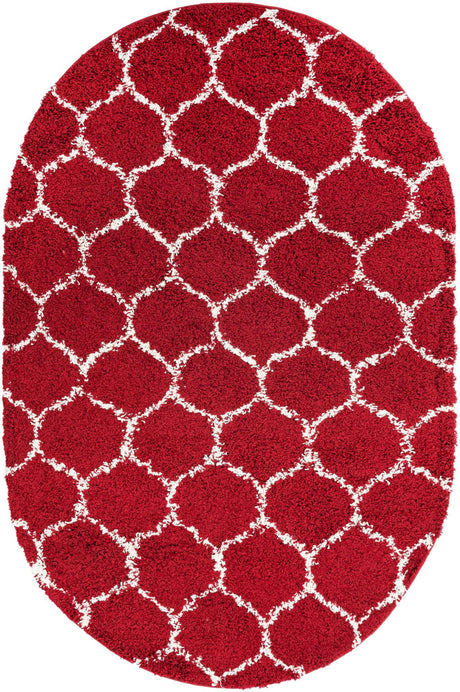 Burgundy Red 5' 3 x 8' Trellis Shag Oval Area Rug Thick Soft Touch Fluffy & Plush Shaggy Pile Geometric Modern Unique Carpet for Home Interior Design for Sale at Rug Engine