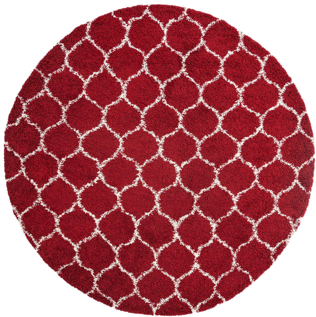 Burgundy Red 10' x 10' Trellis Shag Round Area Rug Thick Soft Touch Fluffy & Plush Shaggy Pile