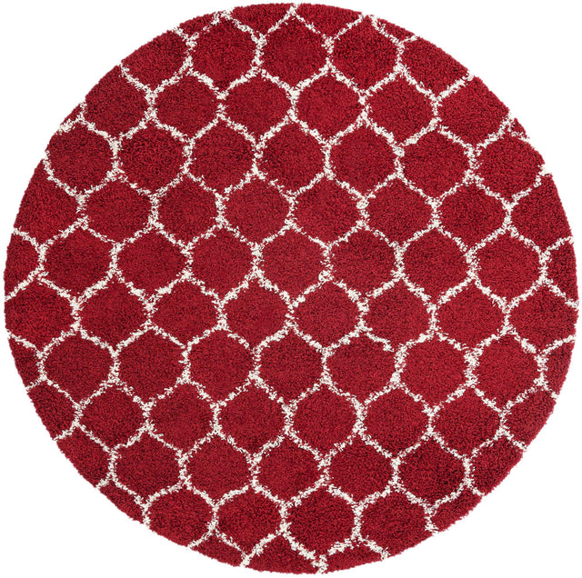 Burgundy Red 7' 10 x 7' 10 Trellis Shag Round Area Rug Thick Soft Touch Fluffy & Plush Shaggy Pile