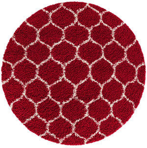Burgundy Red 6' x 6' Trellis Shag Round Area Rug Thick Soft Touch Fluffy & Plush Shaggy Pile