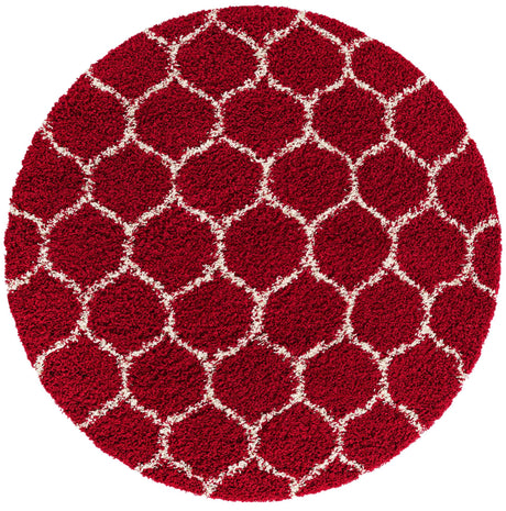 Burgundy Red 6' x 6' Trellis Shag Round Area Rug Thick Soft Touch Fluffy & Plush Shaggy Pile Geometric Modern Unique Carpet for Home Interior Design for Sale at Rug Engine