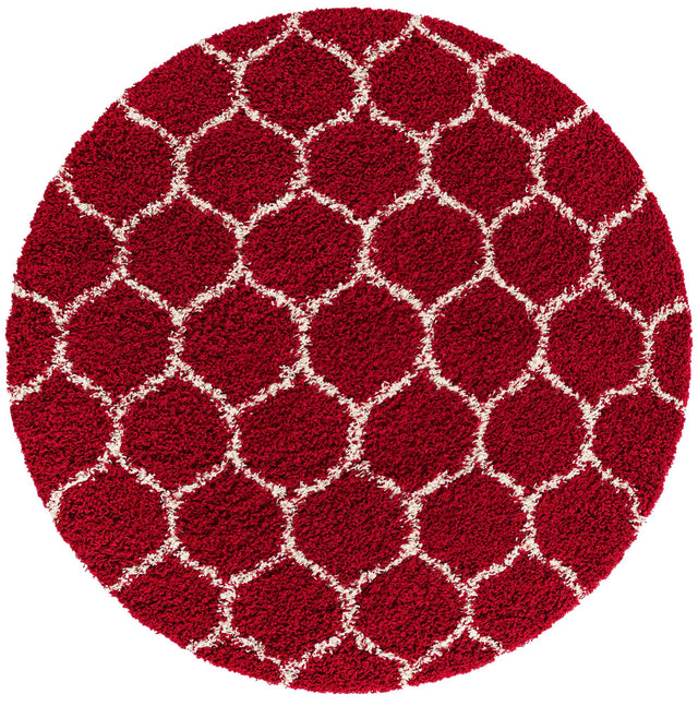 Burgundy Red 6' x 6' Trellis Shag Round Area Rug Thick Soft Touch Fluffy & Plush Shaggy Pile