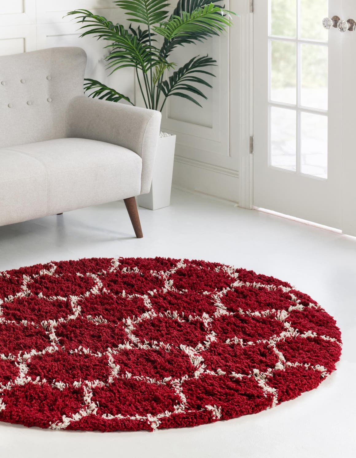 Burgundy Red 5' 3 x 5' 3 Trellis Shag Round Area Rug Thick Soft Touch Fluffy & Plush Shaggy Pile Geometric Modern Unique Carpet for Home Interior Design for Sale at Rug Engine