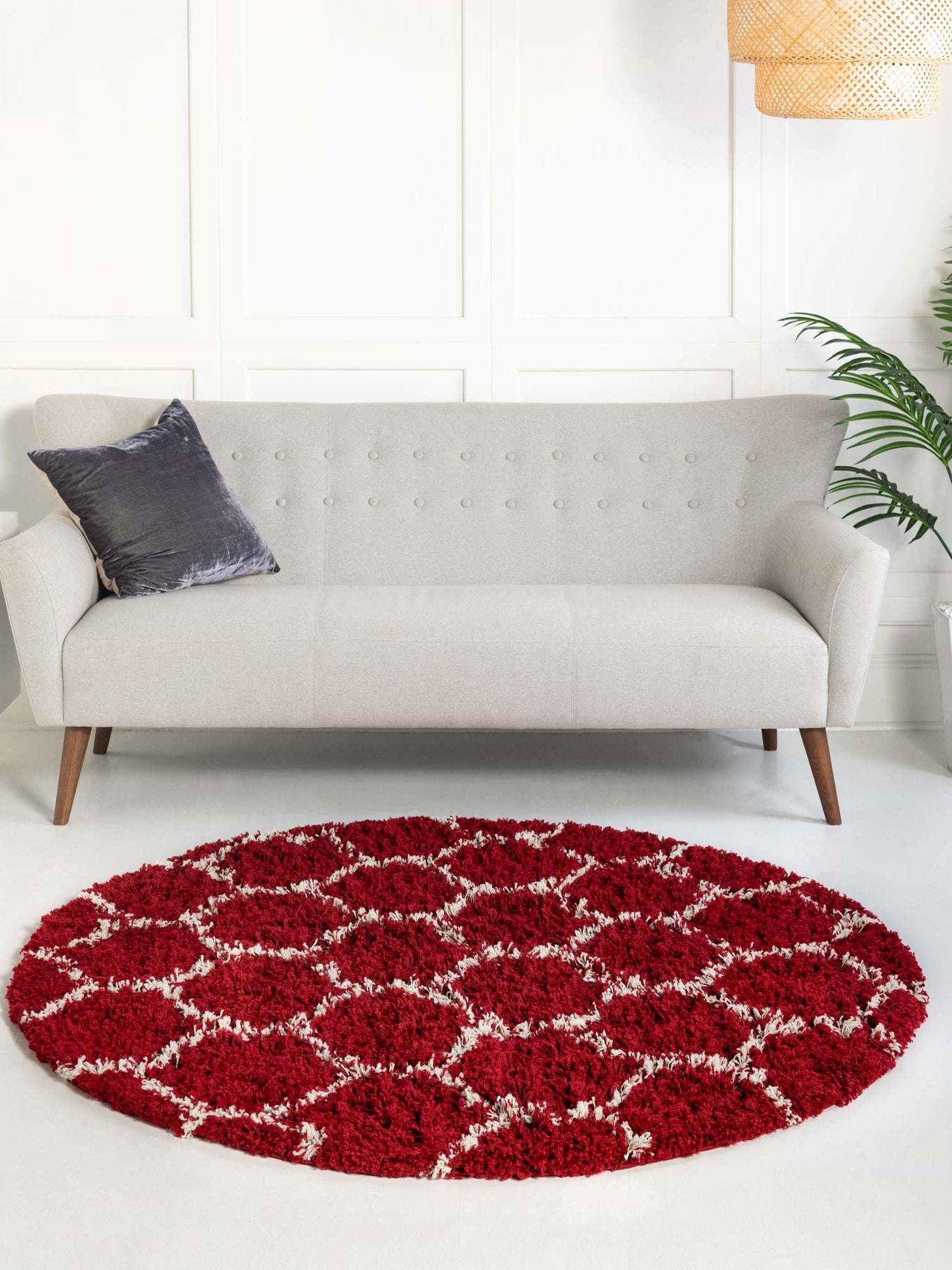 Burgundy Red 7' 10 x 7' 10 Trellis Shag Round Area Rug Thick Soft Touch Fluffy & Plush Shaggy Pile Geometric Modern Unique Carpet for Home Interior Design for Sale at Rug Engine