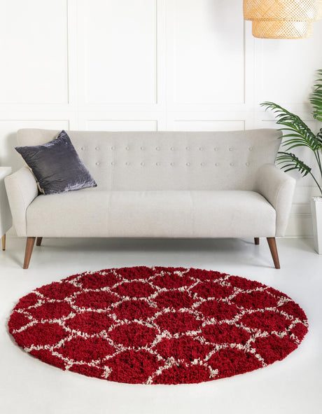Burgundy Red 5' 3 x 5' 3 Trellis Shag Round Area Rug Thick Soft Touch Fluffy & Plush Shaggy Pile