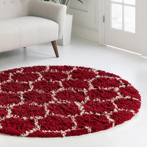 Burgundy Red 6' x 6' Trellis Shag Round Area Rug Thick Soft Touch Fluffy & Plush Shaggy Pile