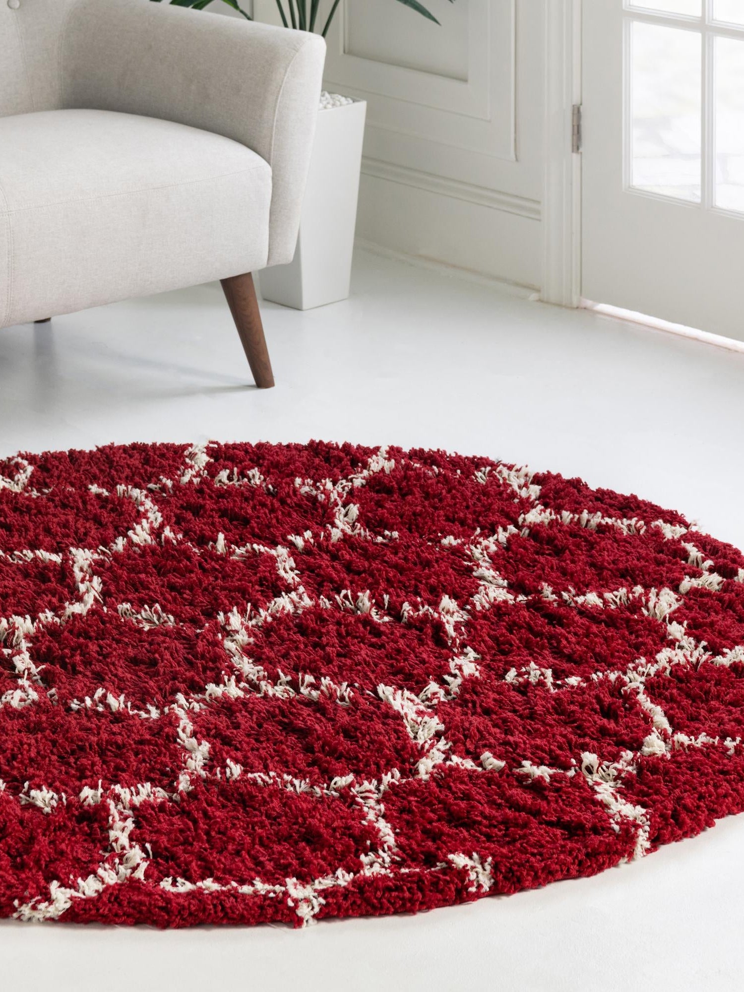 Burgundy Red 3' 3 x 3' 3 Trellis Shag Round Area Rug Thick Soft Touch Fluffy & Plush Shaggy Pile Geometric Modern Unique Carpet for Home Interior Design for Sale at Rug Engine