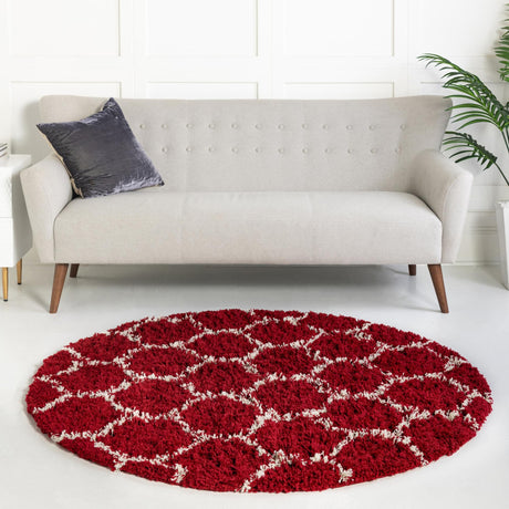 Burgundy Red 6' x 6' Trellis Shag Round Area Rug Thick Soft Touch Fluffy & Plush Shaggy Pile Geometric Modern Unique Carpet for Home Interior Design for Sale at Rug Engine