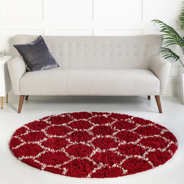 Burgundy Red 6' x 6' Trellis Shag Round Area Rug Thick Soft Touch Fluffy & Plush Shaggy Pile