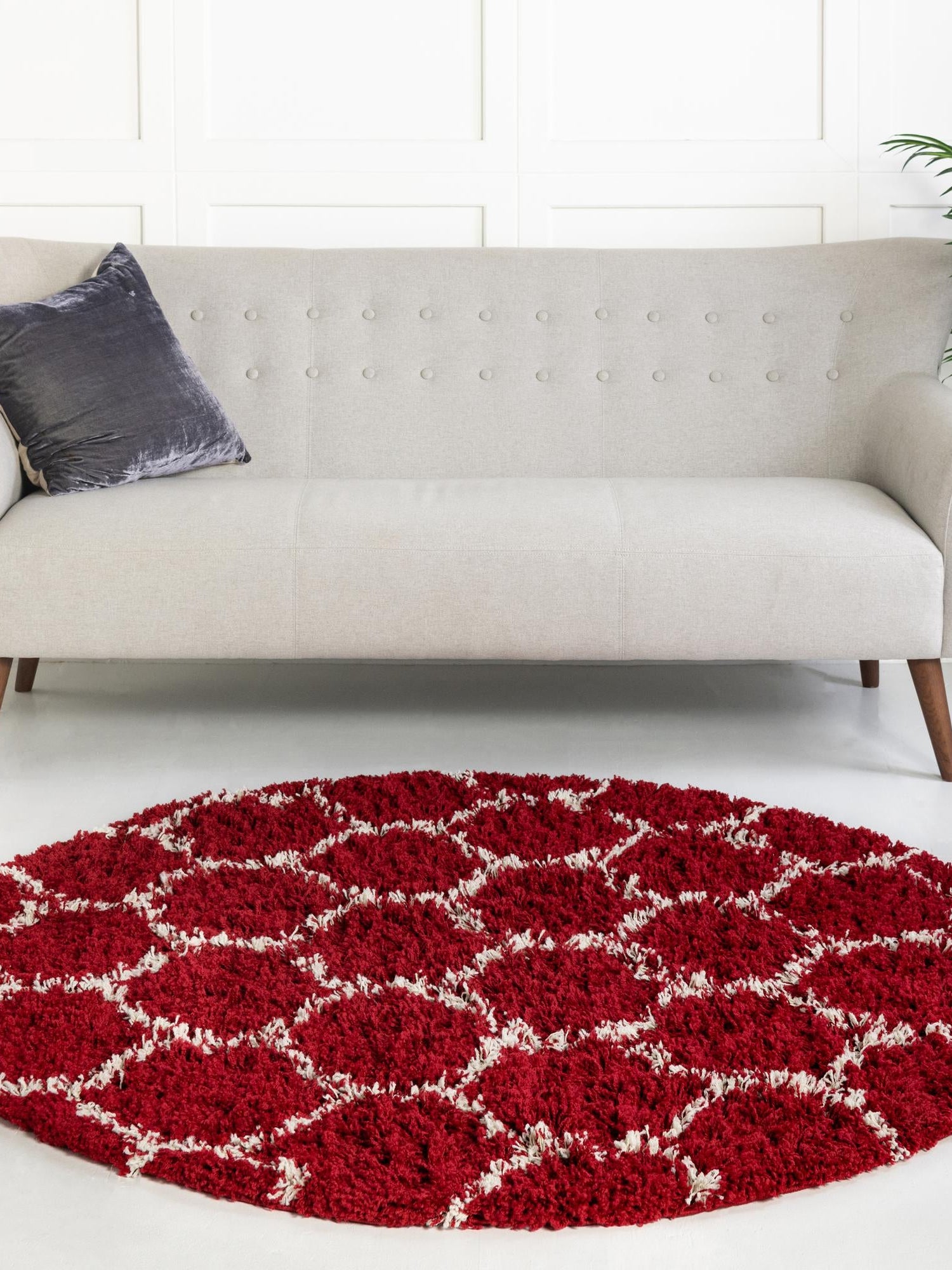 Burgundy Red 3' 3 x 3' 3 Trellis Shag Round Area Rug Thick Soft Touch Fluffy & Plush Shaggy Pile Geometric Modern Unique Carpet for Home Interior Design for Sale at Rug Engine