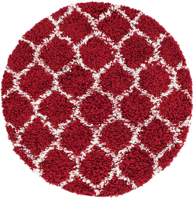 Burgundy Red 3' 3 x 3' 3 Trellis Shag Round Area Rug Thick Soft Touch Fluffy & Plush Shaggy Pile