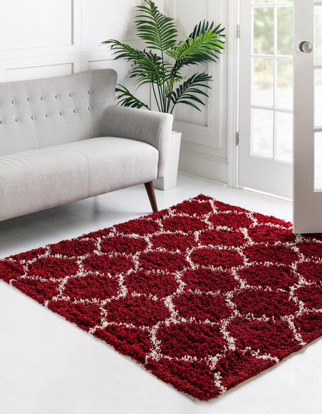Burgundy Red 6' x 6' Trellis Shag Square Area Rug Thick Soft Touch Fluffy & Plush Shaggy Pile