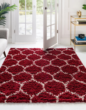Burgundy Red 6' x 6' Trellis Shag Square Area Rug Thick Soft Touch Fluffy & Plush Shaggy Pile